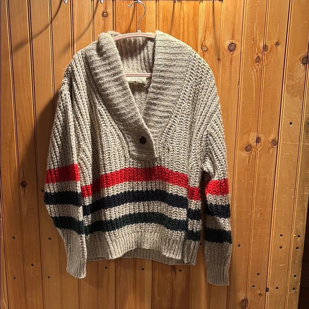 THE GREAT. Gray V-Neck Sweater with Stripes